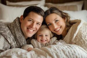 A joyful family embracing together in bed on a cozy morning, radiating love and happiness in their warm, comfortable home photo