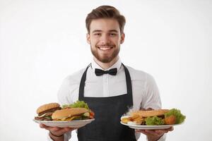 Friendly male food service worker holding two plates of delicious meals, ready to serve in a bright, welcoming atmosphere photo