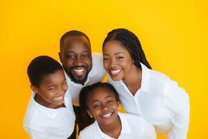 A joyful family in white shirts standing together against a vibrant yellow backdrop, capturing a moment of happiness and unity photo