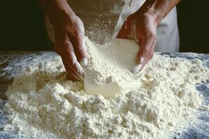 Anonymous woman preparing flour for kneading with hands, creating a pile on a dark surface in a cozy kitchen during daylight photo