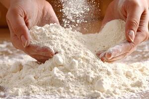 Anonymous woman preparing flour by sprinkling it on a mound before kneading in a cozy kitchen setting photo