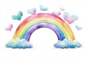 A cute watercolor illustration of a rainbow with fluffy clouds and colorful butterflies on a bright white background photo