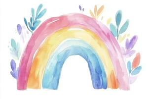 Cute watercolor rainbow illustration featuring vibrant colors and delicate floral elements, ideal for children's decor and creative projects photo