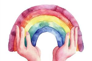 A charming watercolor illustration of a rainbow held by hands against a pristine white backdrop, perfect for colorful decoration photo