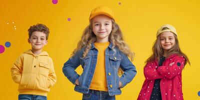 Bright and cheerful kids fashion sale banner featuring stylish children in vibrant clothing against a sunny background for summer promotions photo