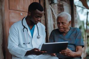 Young doctor shares health information with elderly patient using a digital tablet outdoors during a sunny day in a rural setting photo