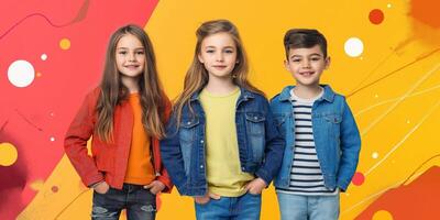 Exciting kids fashion sale banner showcasing trendy outfits with vibrant backgrounds and cheerful young models in a playful setting photo