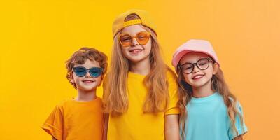 Bright kids fashion sale banner showcasing stylish children wearing colorful outfits and accessories against a vibrant backdrop photo