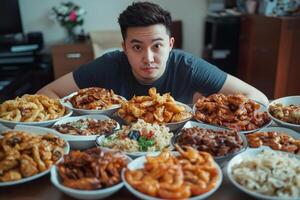 Mukbang blogger enjoys a feast of various Asian dishes in cozy indoor setting during a lively dining experience photo