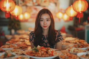 Mukbang blogger enjoying a feast at a vibrant restaurant surrounded by numerous dishes during dinner time photo