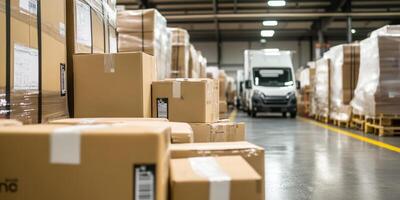 Packing goods for delivery in a warehouse with organized boxes and a truck ready for shipping during the day photo