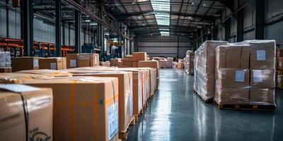 Packing goods for customer delivery inside a large warehouse during daylight hours with organized pallets and boxes photo