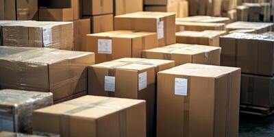 Packing goods for delivery at a warehouse during the day with numerous cardboard boxes stacked for shipment photo