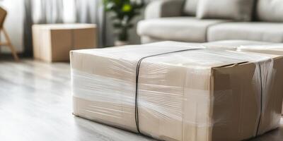 Packing and preparing boxes for customer delivery in a bright living room space photo