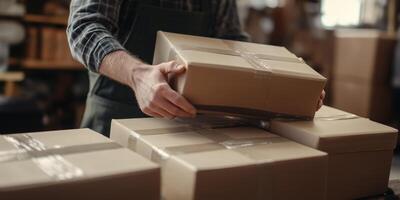 Packing goods for delivery in a warehouse during the day by a worker preparing customer orders photo