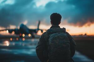 Soldier returns home from deployment at sunset, symbolizing hope and patriotism on the tarmac near an aircraft photo