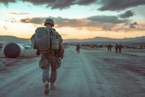 Patriotic soldier walks home at sunset after completing military duty, returning to family and loved ones in a heartfelt reunion photo