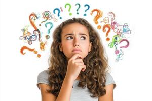 A young woman deep in thought with question marks around her on a white background photo