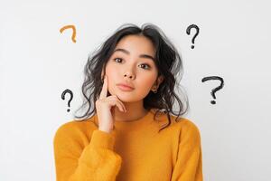 A young woman pondering with her hand on her chin surrounded by question marks in a bright, minimalist setting photo
