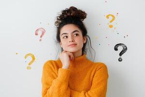 Young woman in orange sweater pondering her thoughts with colorful question marks surrounding her against a white background photo