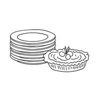 A tart placed near a stack of clean dishes vector