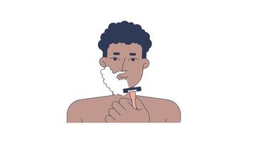 Black man using shaving cream and razor to groom beard cartoon animation. Skin routine. African american male hygiene animated flat 2D character 4K isolated on white, alpha channel video