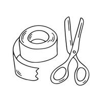 A tape rolled beside scissors on a craft table vector