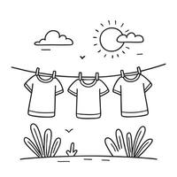 A T shirts hanging on a clothesline in the backyard with sunny sky vector