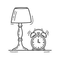 A table lamp beside a ticking alarm clock on a side table vector