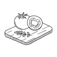 A thyme leaf beside sliced tomato on a chopping board vector