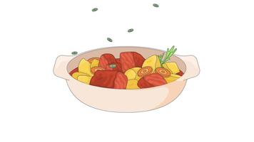 Hearty stew with vegetables and meat chunks 2D cartoon object animation. Comfort food with potatoes, carrots and fresh herbs in ceramic bowl animated flat colorful item 4K isolated on white video