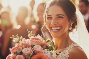 A joyous bride smiles radiantly while holding her stunning bouquet during a vibrant wedding celebration in the golden sunlight photo