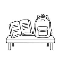 A textbook open on a bench beside a backpack vector