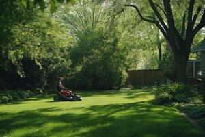 Person mowing a lush green lawn on a sunny day, enjoying routine outdoor maintenance in the backyard photo