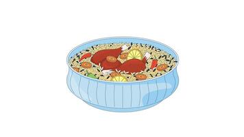 Chicken pulao biryani with lemon, carrot and peppers 2D cartoon object animation. Basmati rice with chilies and chicken legs. Indian cuisine animated flat colorful item 4K isolated on white video