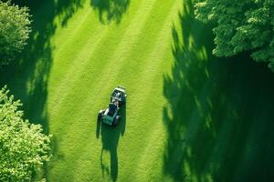 A person mows a vibrant green lawn in a backyard under the bright sun on a beautiful day photo