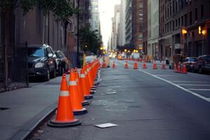 Bright orange traffic cones organized along a city street to ensure safety during urban construction work at twilight photo