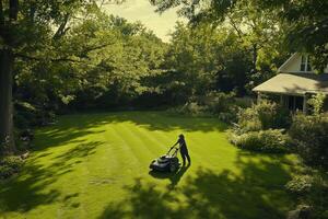 A person mows a well-kept green lawn in a sunny backyard, enjoying outdoor life and routine chores on a beautiful day photo