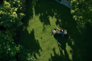 Person mowing a lush green lawn in a backyard on a bright sunny day, showcasing the joy of outdoor maintenance and domestic life photo