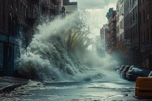 A powerful ocean wave crashes onto a city sidewalk, showcasing nature's force against urban infrastructure during a storm photo