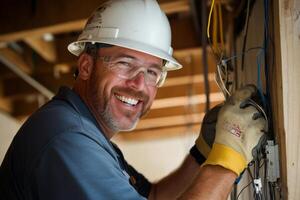 A skilled electrician in a hard hat smiles while working on electrical wiring indoors during the day photo