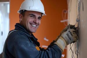 Professional electrician working on electrical wiring indoors while smiling, showcasing expertise and satisfaction in his craft photo