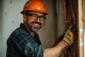 Professional electrician working diligently on electrical wiring indoors while wearing a hard hat and gloves, conveying satisfaction and expertise photo