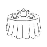A table with tablecloth beneath a teapot and cups during afternoon tea vector