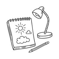 A table lamp beside a lying pencil on sketchbook with sun cloud bird sketches vector