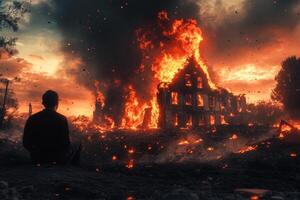 A person watching their home engulfed in flames during a devastating fire at sunset, showcasing loss and despair photo