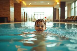 Happy family enjoying quality time at indoor swimming pool in a hotel resort during summer vacation weekend getaway photo