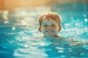 Happy family enjoys indoor swimming pool fun during a summer vacation at a resort photo