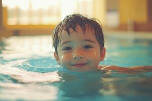 A happy family enjoys quality time with their child in a relaxing indoor swimming pool at a hotel resort during summer vacation photo