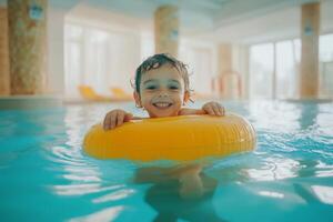 Happy family enjoying relaxing moments in an indoor swimming pool at a hotel resort during a summer vacation photo